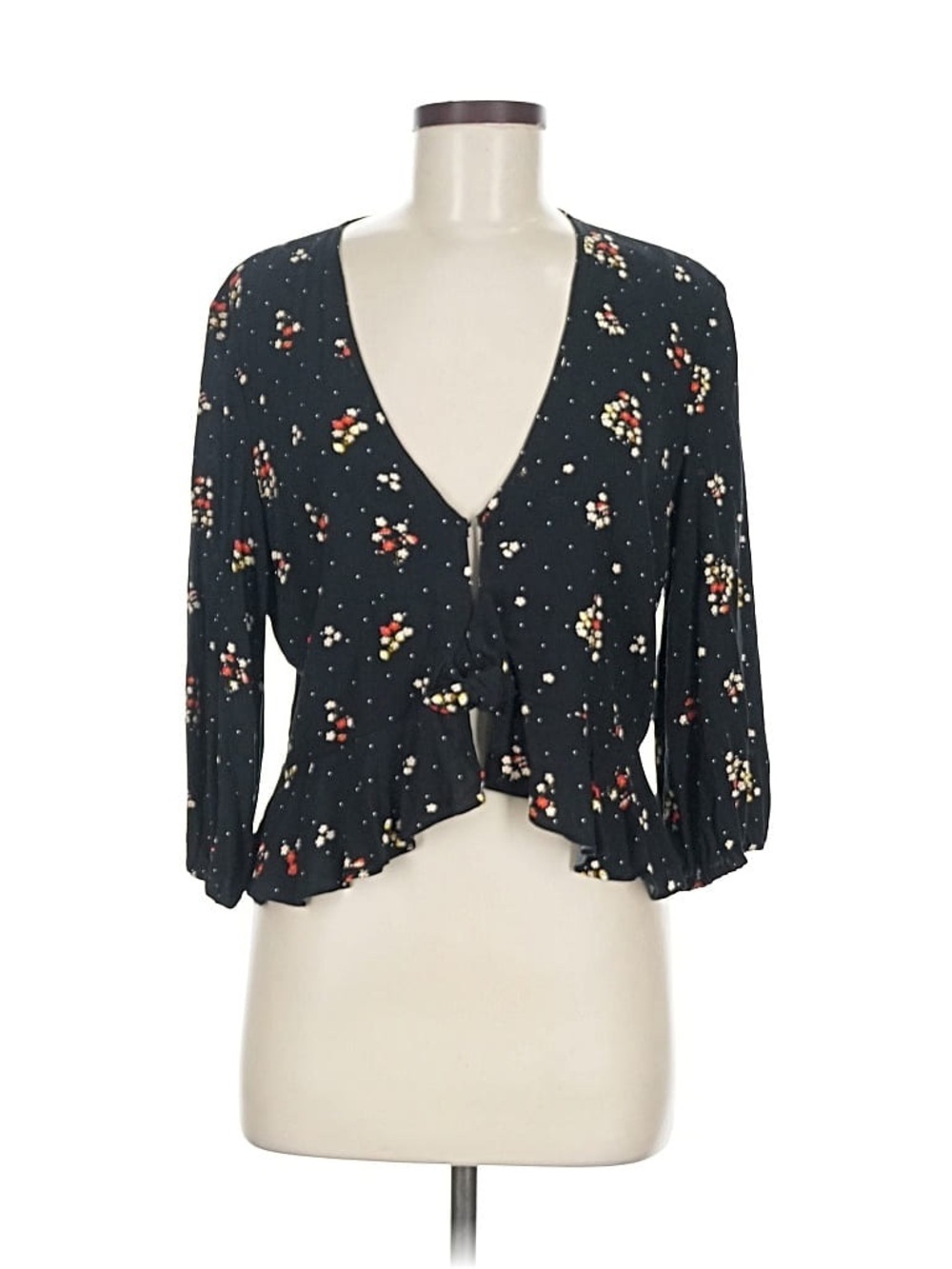 Free People Black Floral Ruffle Peplum Blouse
